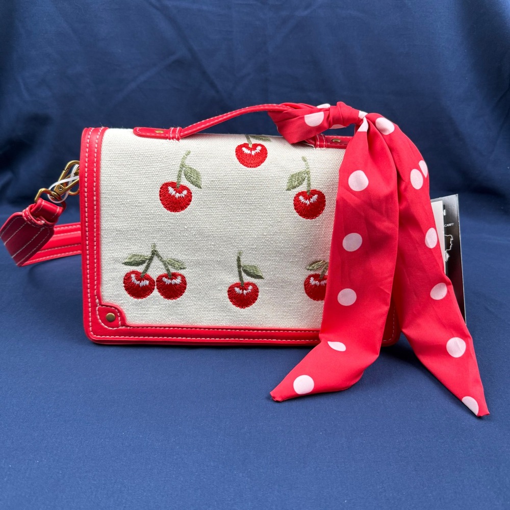 Steve Madden Bmazie Red Cherry Embroidered Shoulder Bag Polka Dot Scarf New